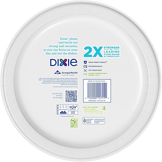 Dixie Large Paper Plates, 10 Inch, 54 Count, 2X Stronger*, Microwave-Safe, Soak-Proof, Cut Resistant, Disposable Plates For Everyday Breakfast, Lunch, & Dinner Meals