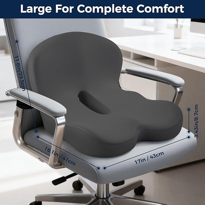 Seat Cushion, Office Chair Cushions for Tailbone Relief, Seat Cushions for Office Chair with L-Shaped Ergonomic Design & Adjustable Strap, Memory Foam Chair Cushion for Long Sitting Worker(Dark Gray)