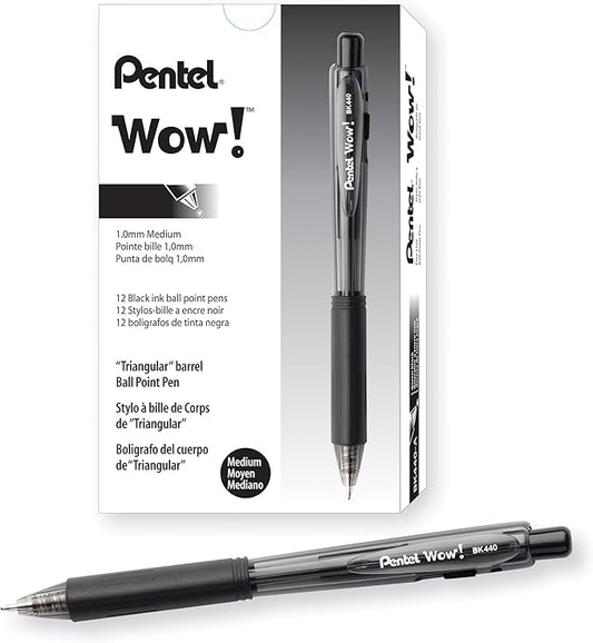 Pentel Wow! Retractable Ballpoint Pen, (1.0mm), Medium Line, Black Ink, Box of 12(BK440-A)