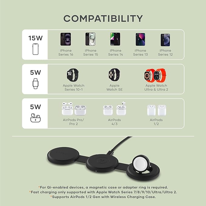 Satechi OntheGo™ 3 in 1 Wireless Charger, Qi2 Portable Charger with 15W Fast Charging for iPhone 17 to 12 Series, 5W for Apple Watch, and 5W for AirPods, Magnetic Travel Charging Station – Black