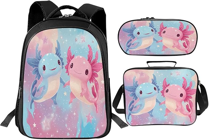 Cute Axolotl Backpack Set 3 Piece School Bags and Lunch Box with Pencil Case Pink Blue Axolotl Bookbag Set for Toddler Kids Girls Boys Teens Kindergarten Elementary Middle