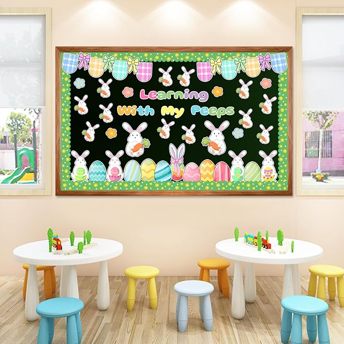 Auch Easter Bulletin Board Decorations Set - 79 Pcs Spring Classroom Decor with Bunnies & Easter Eggs, “Learning with My Peeps” Bulletin Board Kit for School Classroom Daycare Preschool