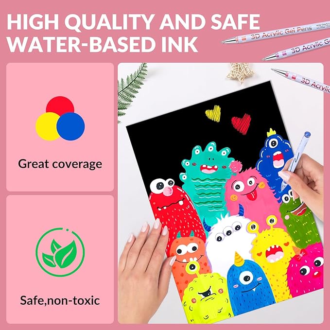 3D Acrylic Gel Pen,24 Colors Gel Pens With 1mm Bullet Tip Point, Acrylic Paint Pens for Black Paper,Rock Painting, Glass, Wood, Fabric,Cards,Scrapbook,DIY Art Crafts