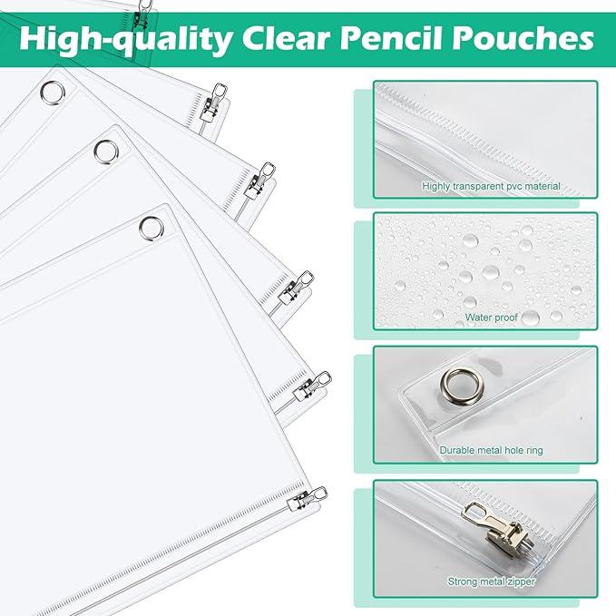 Lincia 5 Pack Clear Pencil Pouch for 3 Ring Binder Pencil Case with Zipper 3 Ring Binder Pocket Insert Bag 10 x 7'' Visible Cash Envelope with Re-enforced Grommet for Office (Clear)