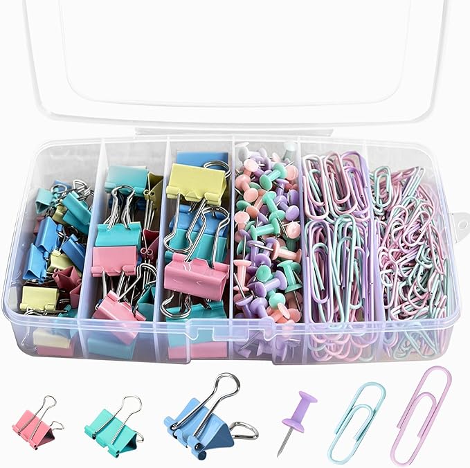 Colorful Paper Clips Binder Clips Set, 300 Pcs Assorted Sizes Binder Clips & Paper Clips Small Medium Large, Pastel Claps and Push Pins Office Supplies Kit for Paper Work and School Teacher Use