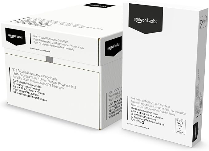Amazon Basics 30% Recycled Multipurpose Copy & Print Paper, 8.5 x 14 in, 20 lb Weight, 92 Bright, White, 5000 Sheets (10 Reams)