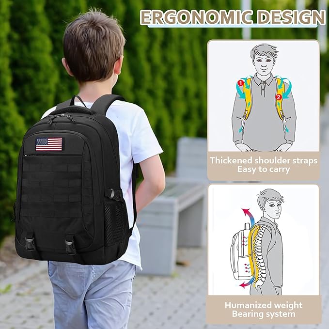 Tactical Backpack 35L - 19'' Waterproof School Bag for Kids, 15.6" Laptop Compartment & MOLLE Webbing for Camping Hiking Travel