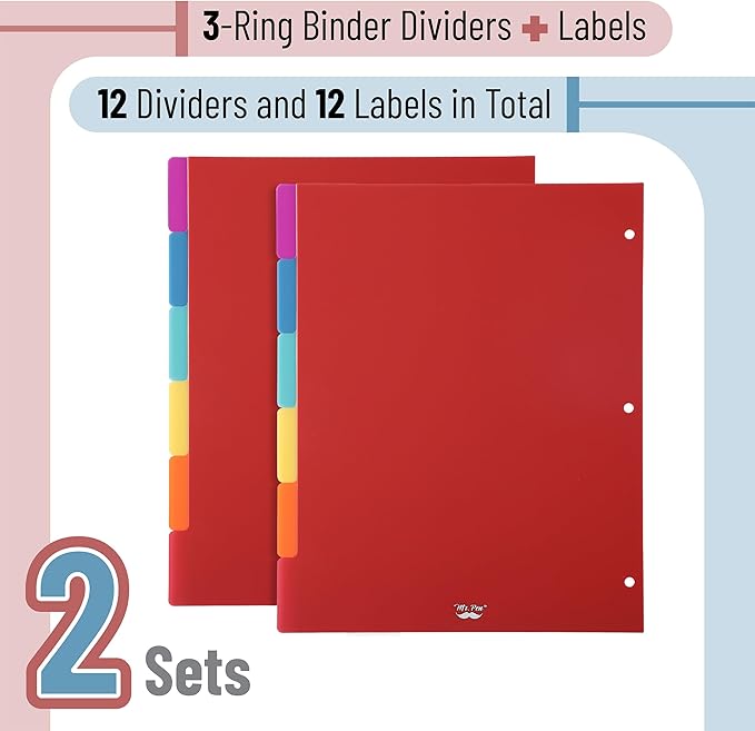 Mr. Pen Binder Dividers, 2 Sets of 6 Tab Dividers (12 Total), Plastic for 3 Ring Binder