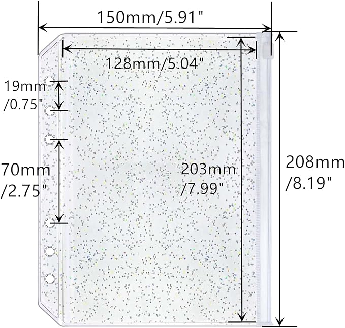10pcs A5 Cash Stuffing Envelopes Zipper Binder Pockets Clear Glitter PVC 6 Hole Zip Sleeves Loose Leaf Pouches for 6 Ring Binder Planner (A5 5.91" x 8.19")