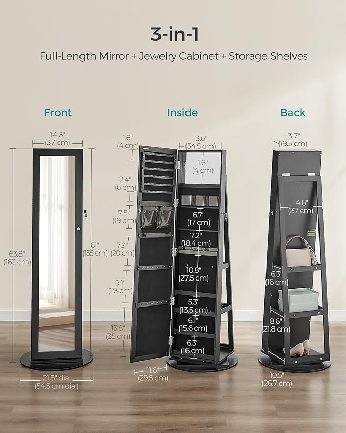 SONGMICS 360° Swivel Jewelry Cabinet, Lockable Jewelry Organizer with Full-Length Mirror, Rear Storage Shelves, Interior Mirror, Jewelry Armoire, Gift Idea, Black UJJC006B01