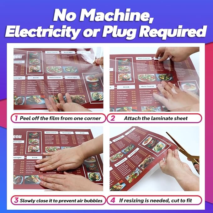 Self Adhesive Laminating Sheets 12.3x17.1 inch, 10 Pack, 4mil Thickness, No-Machine Needed, QuickPeel, Instashield, Stick&GO (10 Sheets, Menu Size 4mil)