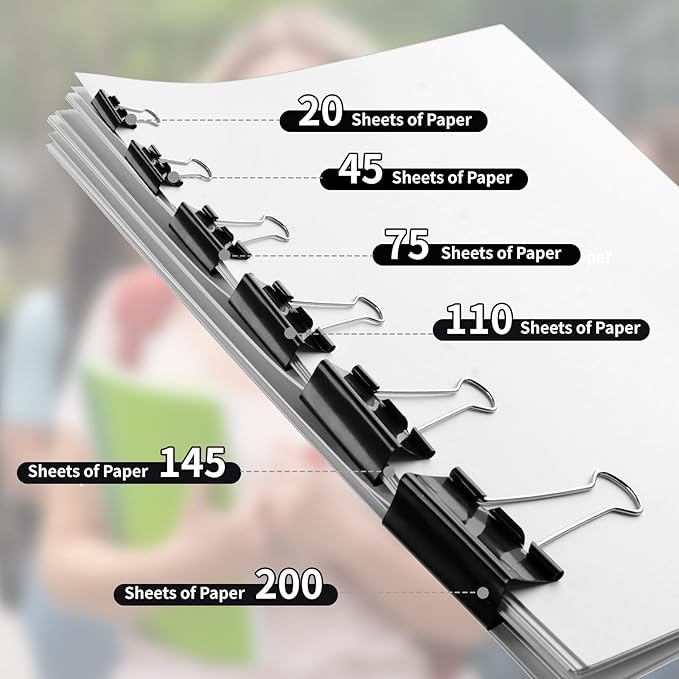 125Pcs Binder Clips Colored, Binder Clips Assorted Sizes, 6 Sizes Binder Paper Clips for Office Supplies/Home/School (Black)