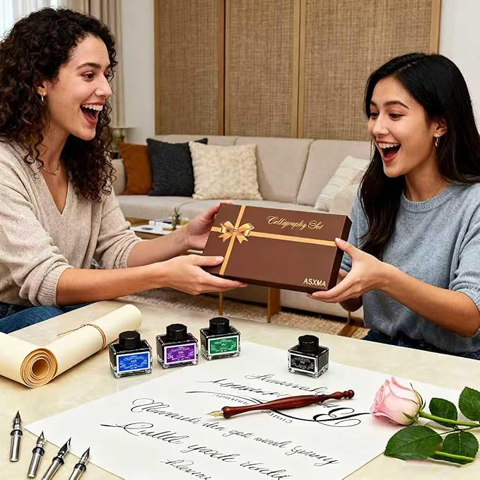 Calligraphy Pen Set – Includes Wooden Dip Pen, Antique Brass Holder, 11 Nibs, 4 Colors Ink Bottles and Beginner's Manual-for Beginners and Calligraphy Lovers