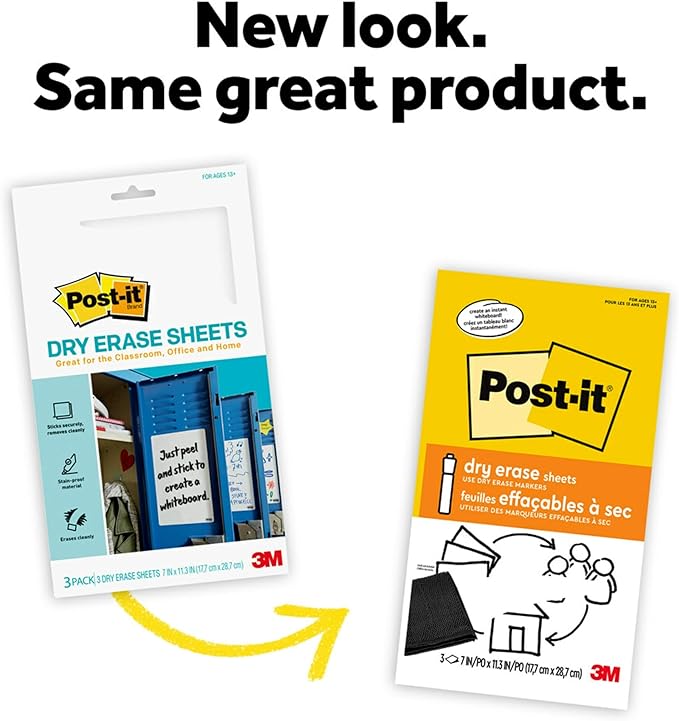 Post-it Dry Erase Sheets, 7 in x 11.3 in, 3 Sheets, Sticks Securely and Removes Cleanly (DEFSHEETS-3PK)