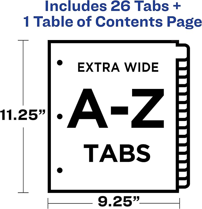 Avery Extra-Wide Dividers for 3 Ring Binders, 26 Tabs per Set, Customizable Table of Contents, Multicolor Tabs, Works Great with Sheet Protectors (11166)