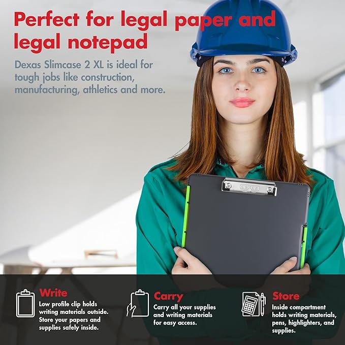 Dexas Legal Size XL Slimcase 2 Storage Clipboard, Gray with Green Clip, 15.5" x 10.5"
