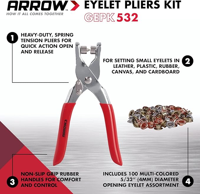 Arrow GEPK532 Eyelet Tool Kit, Hole Punch Pliers for Fabric, Leather, Canvas, Includes 100 Eyelets, 5/32-Inch, Gold,silver