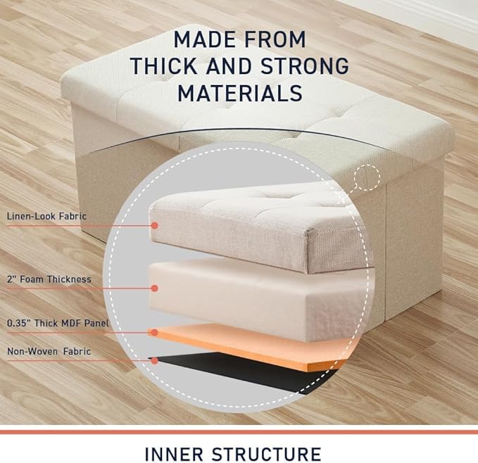 30 Inches Folding Storage Ottoman Bench, Ottoman Foot Rest, Storage Chest, End of Bed Foot Rest Stool with Padded Seat for Living Room, Bedroom, Entryway, Support 660lbs, Linen, Beige