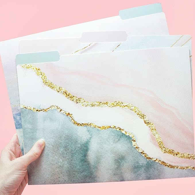 bloom daily planners Decorative File Folders - Set of Six Letter Size (8.5” x 11”) Organizers, 1/3 Cut Tabs - Assorted Designs - Ethereal Marble