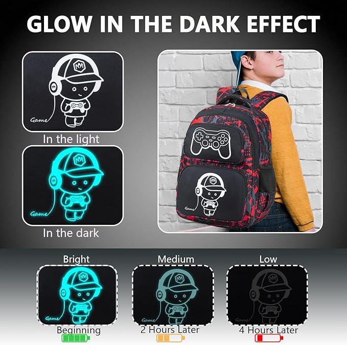 Boys Backpack with Lunch Box Glow in Dark Gamer Bookbag Kids Ages 4-12 Kindergarten Elementary Middle School Gaming Backpack, Luminous Game Boy Black Red