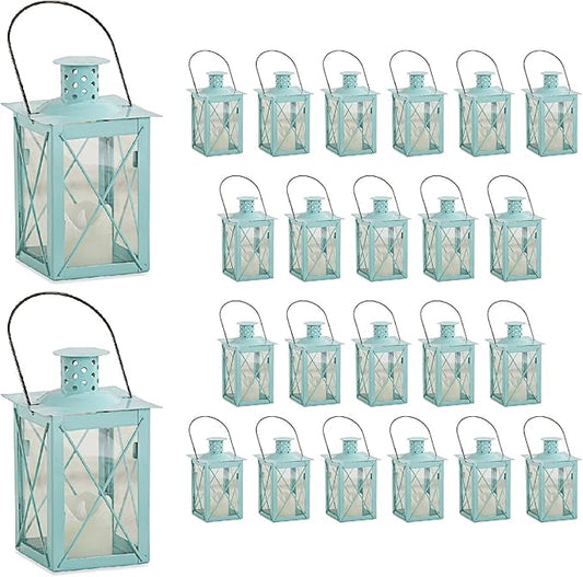 Kate Aspen Medium Decorative Lanterns - Set of 24 - Luminous Blue Metal Lantern Tealight Candle Holders Centerpieces for Wedding, Home Decor and Party - 6.3" H (8.9" H with Handle)