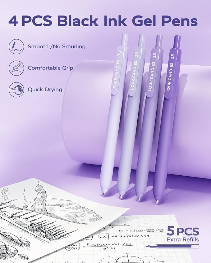 Four Candies Purple School Supplies, Gel Pens with Black Ink,Correction Tapes,Pastel Highlighters, Mechanical Pencils, Sticky Notes, Index Post for Bible Study Stationary College Essentials