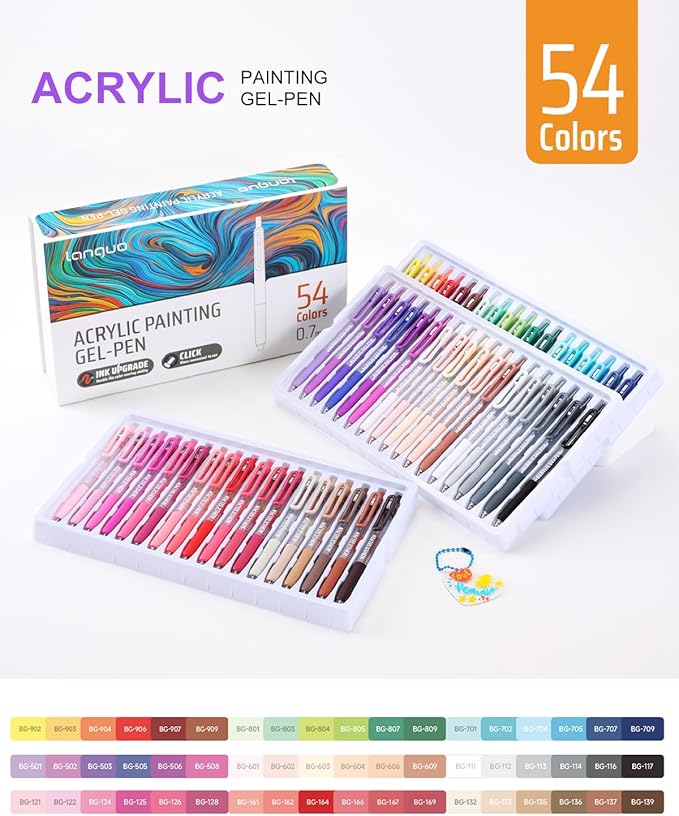 Acrylic Colored Pens Set, 54 Colors Retractable Gel Ink Pens, 0.7mm Fine Point Colorful Pen for Black Paper, Rock, Glass, Fabric and Art Crafts Supplies, Color Pen for Journaling Note Taking