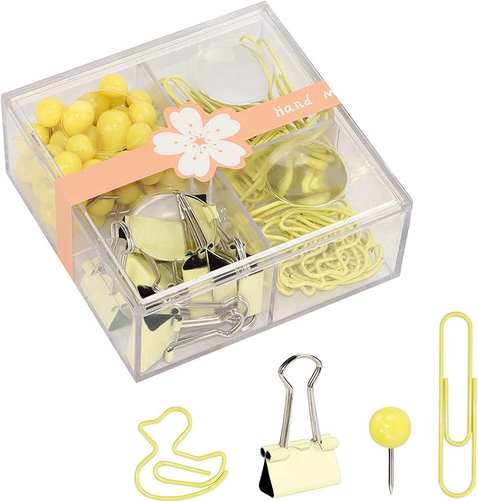 Cute Thumb Tacks Paper Clip Binder Clips Push Pins Set Assorted Size Metal Clips in Plastic Holder Decorative Desk Accessorries (Yellow)