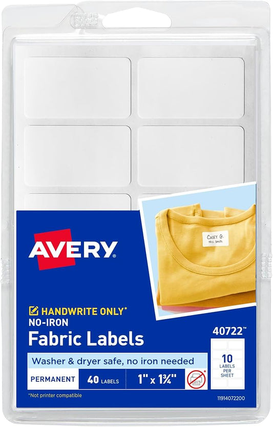 Avery No-Iron Fabric Labels, 1" x 1-3/4", Washer and Dryer-Safe Waterproof Labels, Non-Printable, 40 Total (40722)
