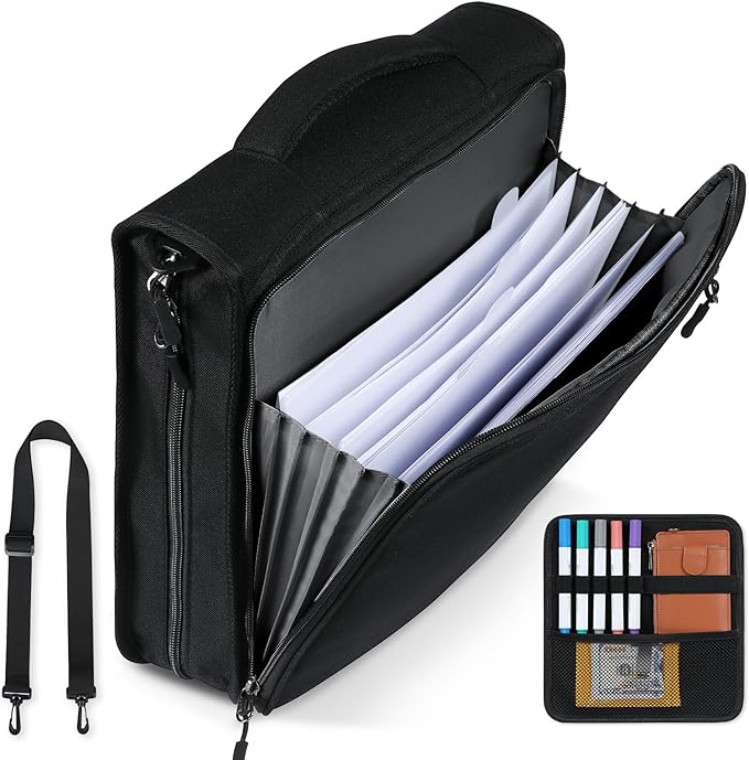 2 Inch 3 Ring Zipper Binder with Multi-Pocket, 6-Tab Expandable File Folder, Fits 14” Laptop, Zipper Bag Fits 500 Sheet Capacity with Handle & Shoulder Strap(Black)