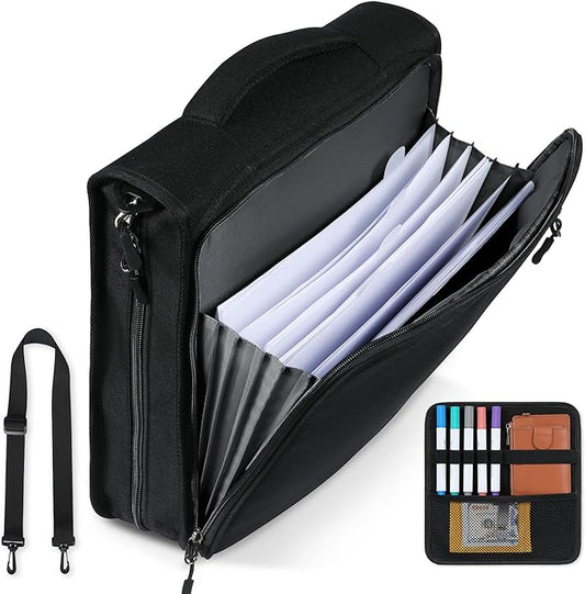 2 Inch 3 Ring Zipper Binder with Multi-Pocket, 6-Tab Expandable File Folder, Fits 14” Laptop, Zipper Bag Fits 500 Sheet Capacity with Handle & Shoulder Strap(Black)