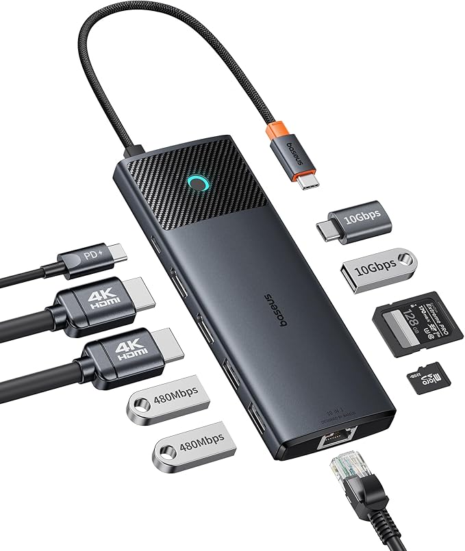 Baseus Docking Station Dual Monitor,10Gbps 10 in 1 Docking Station with 2 HDMI Single 4K@120Hz, Dual 4K@ 60Hz,10Gbps USB C and USB A, Gigabit Ethernet, PD 100W, SD/TF for iPhone 15/Mac/Dell/HP/Lenovo