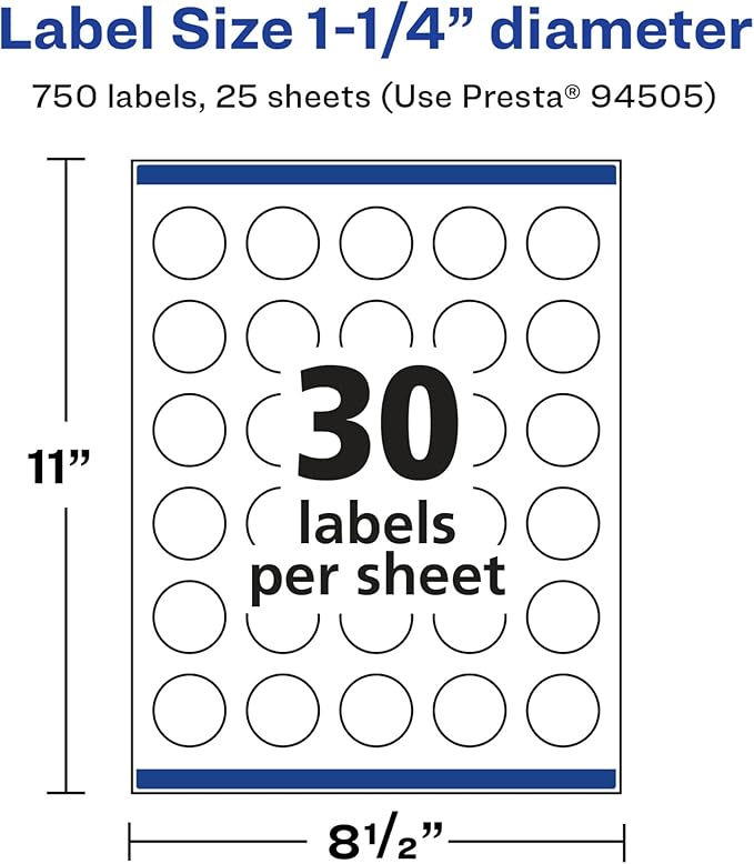 Avery Glossy White Round Labels, Sure Feed Technology, 1.25" Diameter, 750 Glossy White Labels, Print-to-The-Edge, Permanent Adhesive, Laser/Inkjet Printable