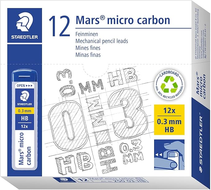 STAEDTLER | Mars Micro Carbon Mechanical Pencil Refills | Tube of 12 | 0.3mm HB Point Graphite Leads | 250 03-HB