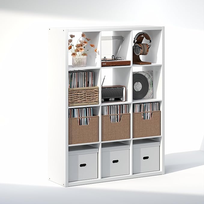 Furinno Cubicle Record Player Stand with Vinyl Storage, 12-Cube 1.2 Extra Thick Vinyl Record Storage, Open Back Media Shelf for CD DVD Blueray Game Disc, for Living Room, Home Office, White