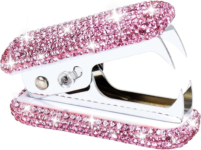 Multibey Rhinestone Staple Remover, Handmade Bling Crystal Cute Remover Tool for Desk, Dazzling Staples Puller Tool Mini Office Supplies & Desk Accessories for Women Office (Pink&Silver Jaw