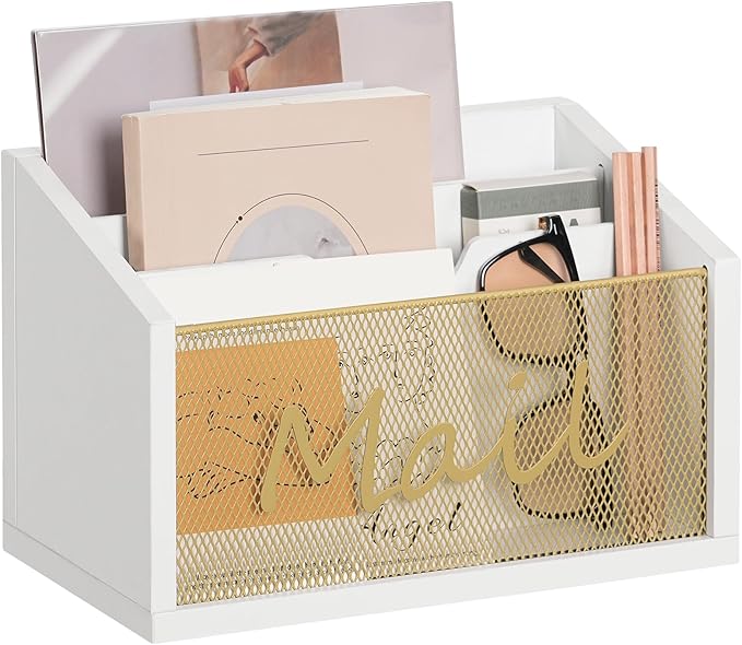 Mail Organizer Countertop, Mail Holder with 3 Slots, Mail Sorter for Desk, Wooden Office Desk Organizer, Mail Organizer for Magazines, Files, Papers, Folders, White and Gold MR03DW