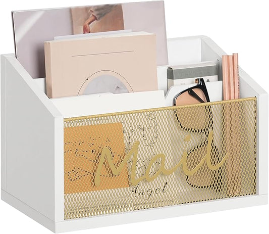 Mail Organizer Countertop, Mail Holder with 3 Slots, Mail Sorter for Desk, Wooden Office Desk Organizer, Mail Organizer for Magazines, Files, Papers, Folders, White and Gold MR03DW