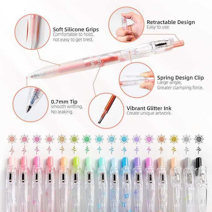 Glitter Gel Pens, 16 Colors Metallic Glitter Pens for Adult Coloring Books, Drawing, DIY Crafts - Retractable Sparkle Gel Ink Markers, Journaling & Scrapbooking Supplies
