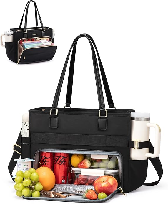 LOVEVOOK Teacher Tote Bag, Laptop Bag for Women with Large Cup Holder & Accordion File Area, Work Tote Bag for Business