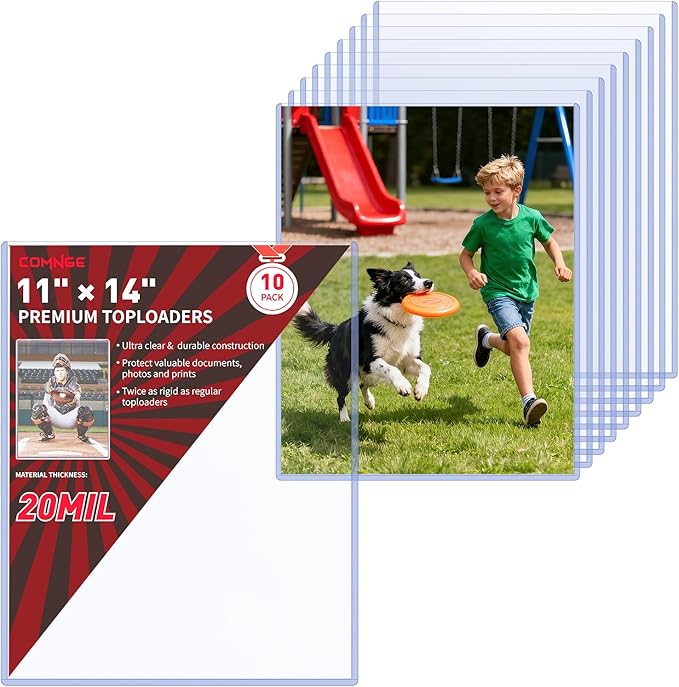 11x14 Photo Toploader - Heavy Duty 20 Mil Poster Sleeves Protectors, Blue-Tint Anti-Fade Rigid Plastic Holder as Frame Alternatives for Artworks, Prints, Pictures Archival Storage Display(10 Pack)