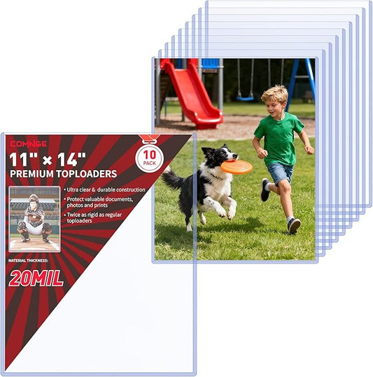 11x14 Photo Toploader - Heavy Duty 20 Mil Poster Sleeves Protectors, Blue-Tint Anti-Fade Rigid Plastic Holder as Frame Alternatives for Artworks, Prints, Pictures Archival Storage Display(10 Pack)