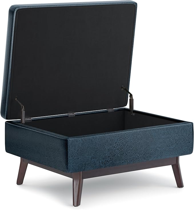 SIMPLIHOME Owen Coffee Table Storage Ottoman - 34 inch Wide Upholstered Vegan Leather Rectangular Lift-Top Ottoman in Distressed Dark Blue, Mid-Century Modern Bench for Living Room with Tapered Legs