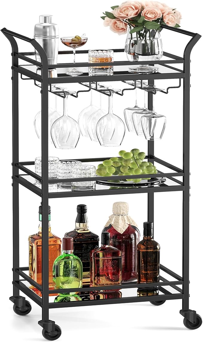 VASAGLE Bar Cart, Home Bar Serving Cart, Small Bar Serving Cart with 3-Tier Shelf, Wine Holders, Glass Holders, Mini Bar Cart for Small Spaces, Kitchen, Dining Room, Living Room, Ink Black