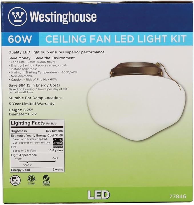 Westinghouse 7784600 LED Schoolhouse Indoor/Outdoor Energy Star Ceiling Fan Light Kit, Oil Rubbed Bronze Finish with White Opal Glass