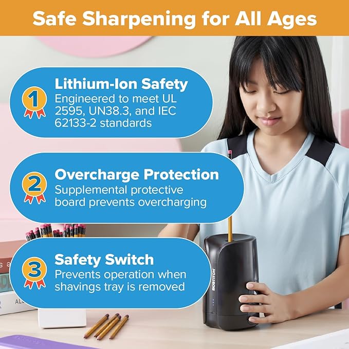 Bostitch Portable Rechargeable Battery Vertical Pencil Sharpener Helical Blade for No.2/Colored Pencils, Black