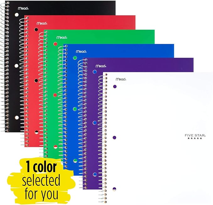 Five Star Spiral Notebooks, 1 Subject, College Ruled Paper, 100 Sheets, 11" x 8-1/2", Color Selected For You, 1 Count (06206)