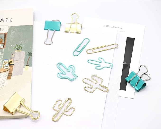 Gold Blue Binder Clips and Paper Clips Set (3-in-1 Boxed), for Office School Supplies Teachers Classroom Daily use