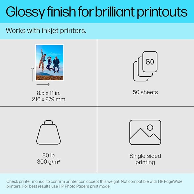 HP Premium Plus Photo Paper - Designed for HP Inkjet Printers, Glossy, 8.5x11 in, 50 sheets - (Pack of 1), (CR664A) White