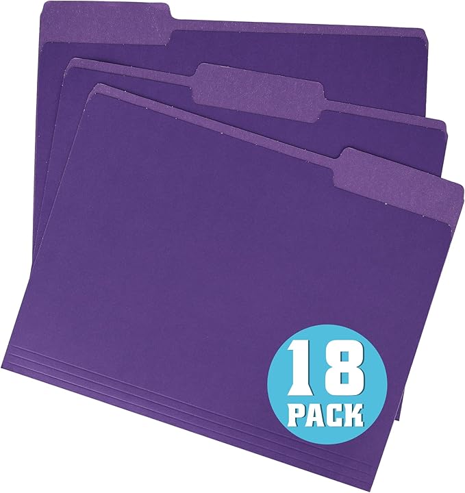 File Folders 18 Pack 8.5x11 Inch,1/3 Cut Tab Colored File Folders Letter Size,Office Purple Folders for Document